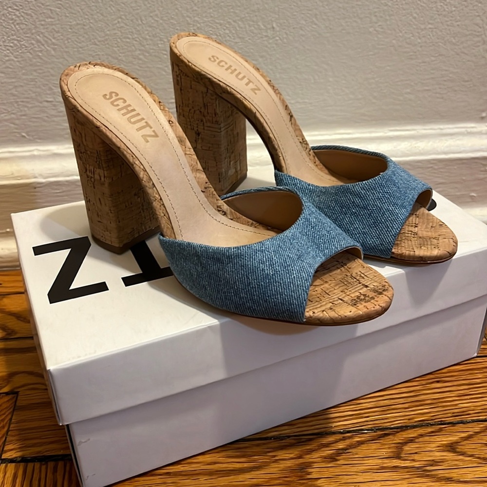 Schutz Denim/Cork Sandals | women’s 7.5